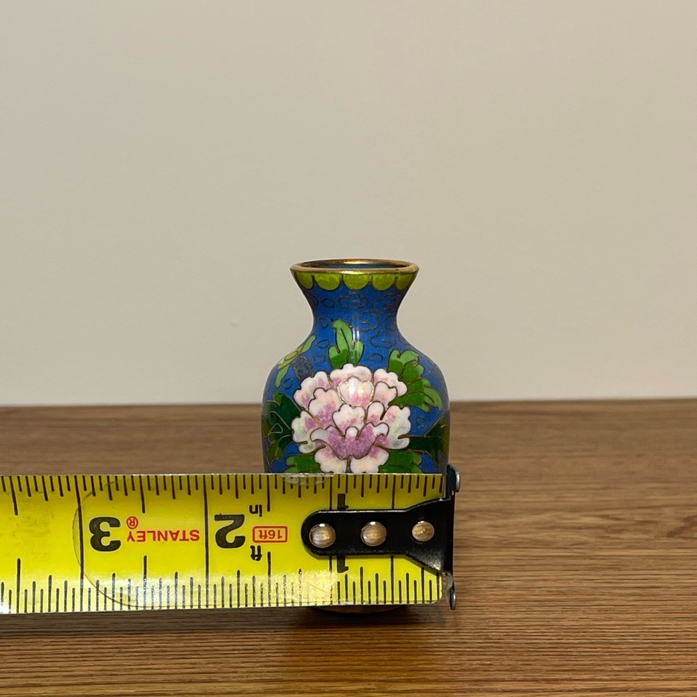 Vintage Chinese Cloisonné Miniature Vase - 3" Blue Enamel Peony - Picture 7 of 8